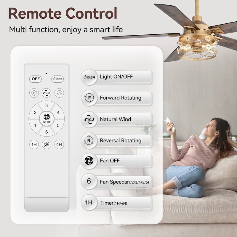 52" Reversible 5-Blade Farmhouse Glam Floral Glass Caged Ceiling Fan with Light and Remote