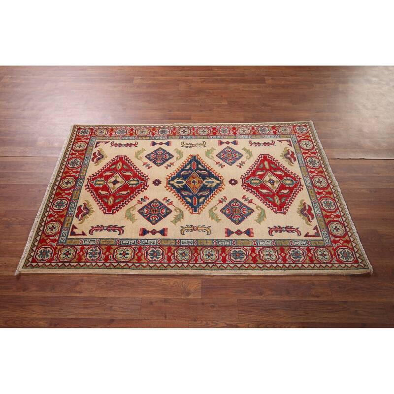 Geometric Kazak Accent Rug Hand-Knotted Beige Wool Carpet - 3'3" x 5'1"