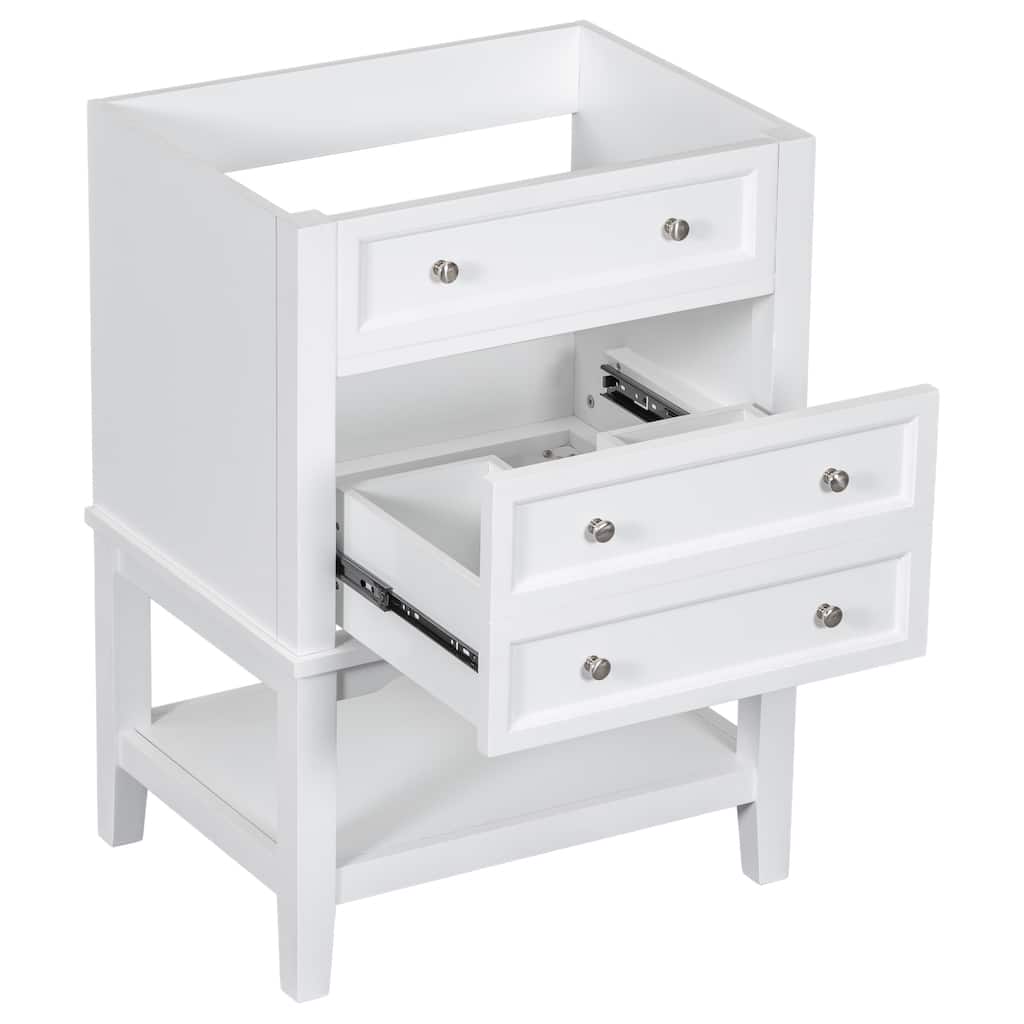 24" White Bathroom Vanity Base - Solid Wood & MDF Cabinet, Open Shelf & Drawer, Freestanding Design