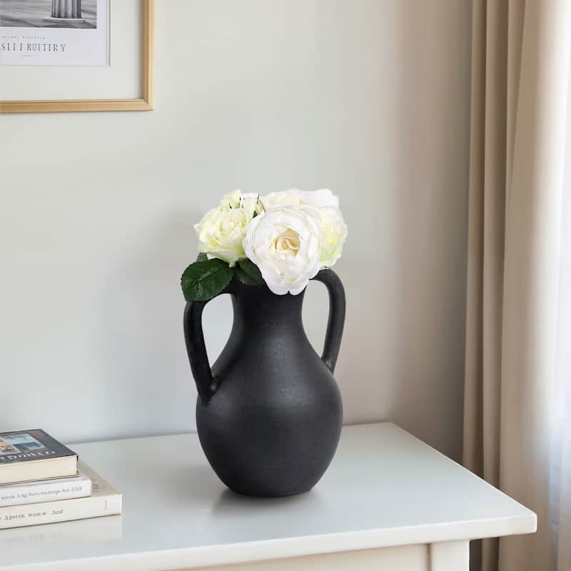 Terracotta Pottery Decorative Vase with Handles for Casual Home Decor - Black - 9" x 8" x 11.5"