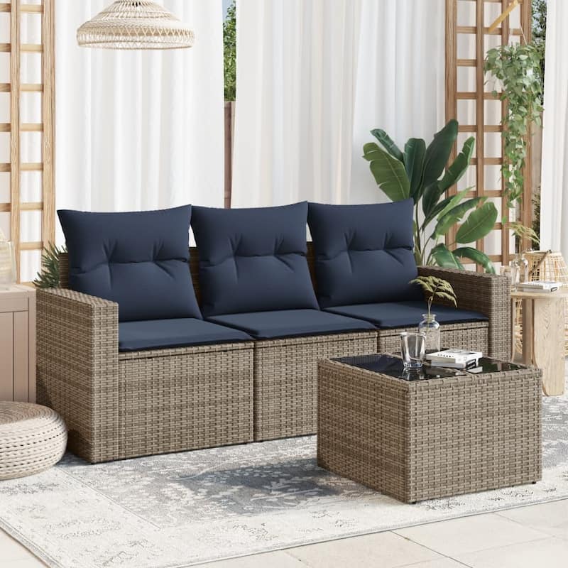 vidaXL Patio Sofa Set with Cushions Outdoor Conversation Furniture Poly Rattan - 25.8" x 24.4" x 27.2" - Beige and gray with table