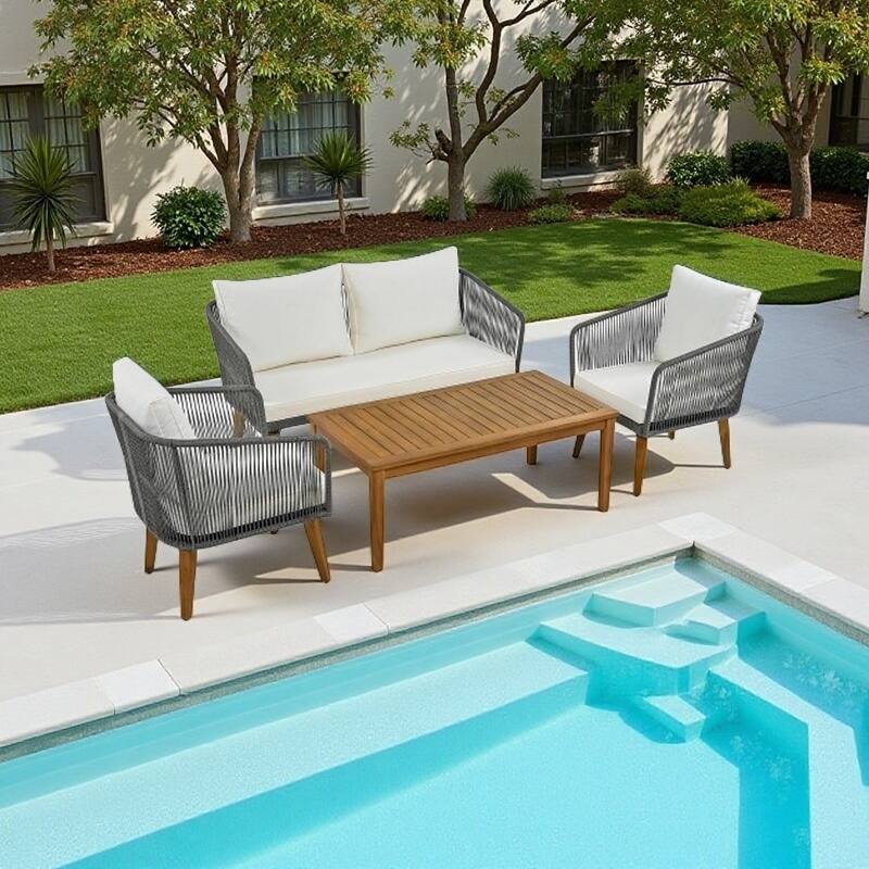 4-Piece Outdoor Rope Patio Conversation Set with Loveseat and Acacia Wood Table, Weather-Resistant Cushions and Metal Frame - Natural+Grey