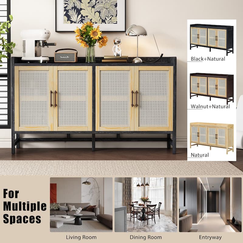 Rustic Sideboard Buffet Cabinet with Rattan Doors, Adjustable Shelves and Storage, 60" Cabinet for Entryway or Kitchen