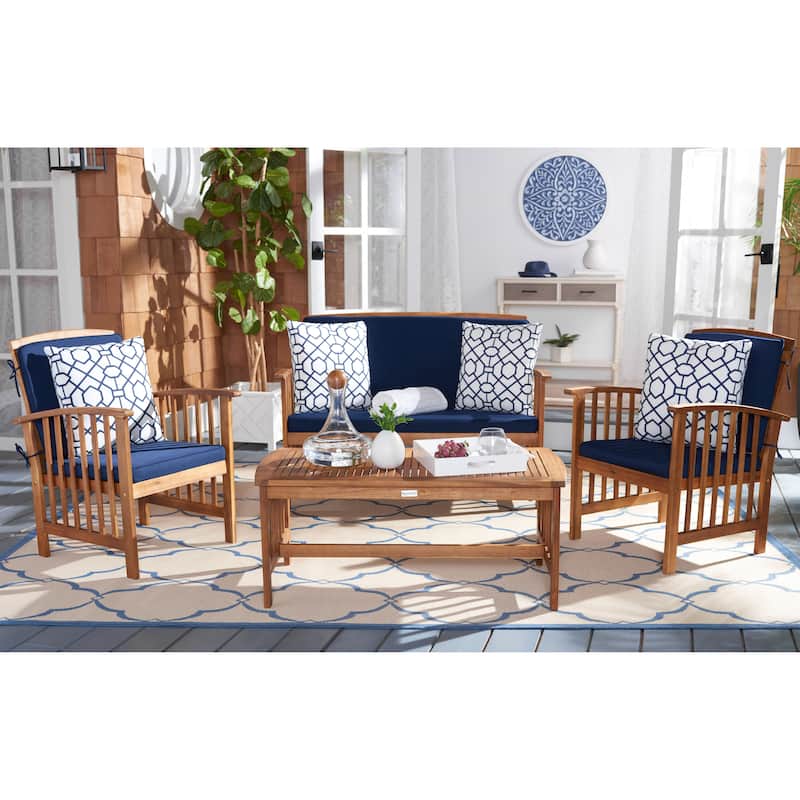 SAFAVIEH Outdoor Rocklin 4-piece Conversation Patio Set - Natural/Navy + Trellis Pillow