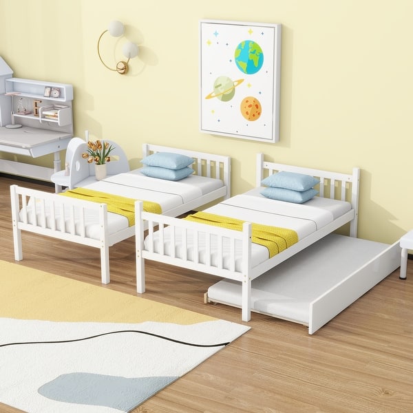 slide 2 of 36, Twin Over Twin Rubber Wood Bunk Bed with Trundle, Convertible into 2 Twin Size Beds,with Ladder and Safety Guardrails White