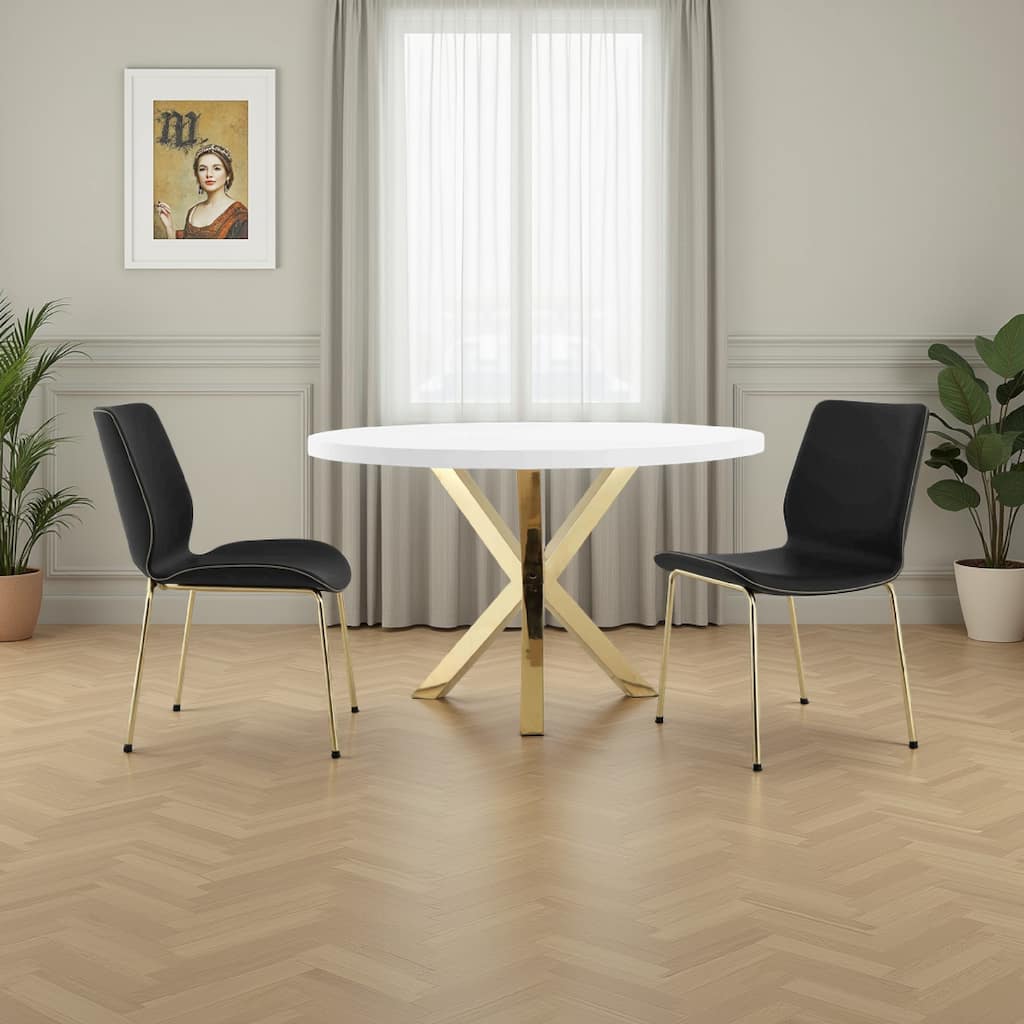 Emi 47 Inch Dining Table, Round White Lacquer Top, X Twisted Gold Legs