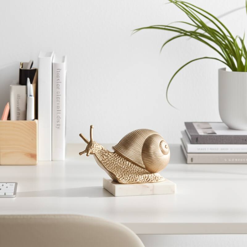 Metal Snail Sculpture on Marble Base Figurine Accent - 7" Gold - 9.5" x 4" x 6.5"