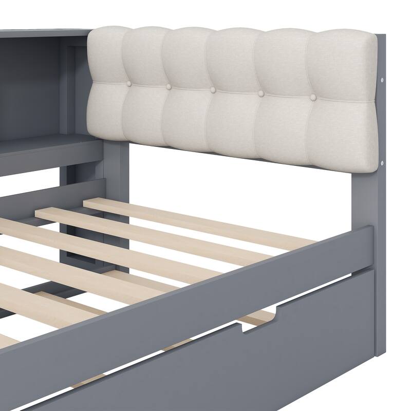 Upholstered Sofa Bed, Wood Daybed, L-shaped Bed Frame with Desk, Shelves, Charging Station, and Optional with Trundle or Drawers