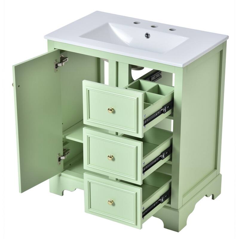 30-Inch Bathroom Vanity with Ceramic Sink, 3 Drawers and Adjustable shelves