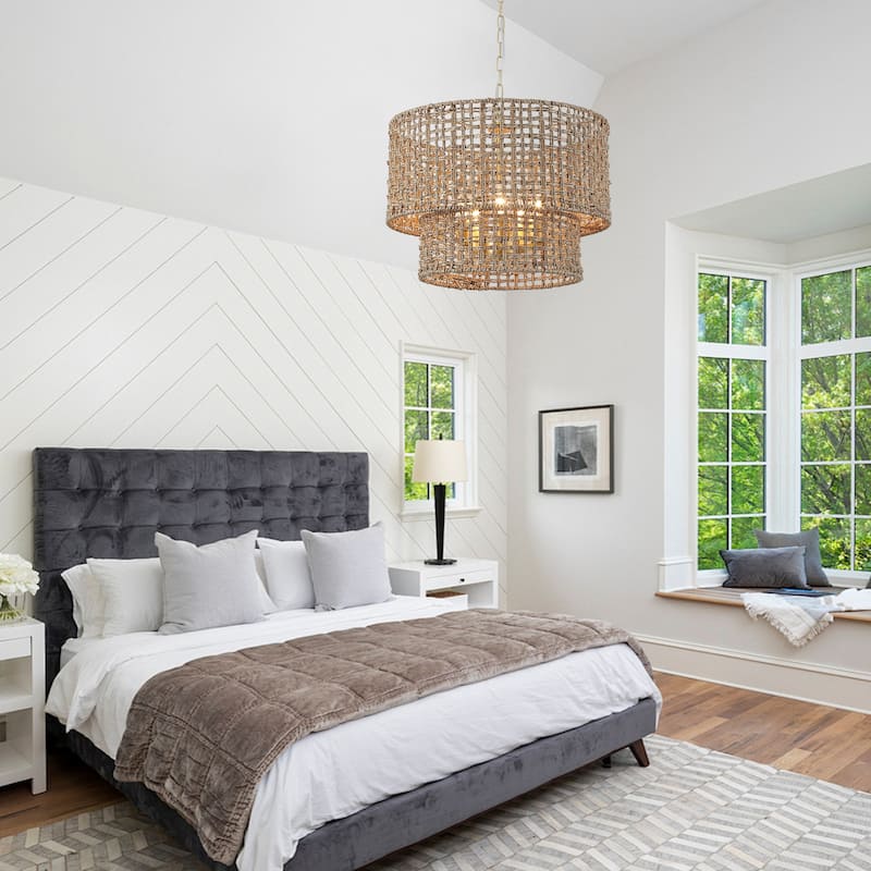 5-Light Metal 2-Tier Traditional Linear Drum Chandelier Pendant Light with Rattan Shade for Kitchen Island Dining Room