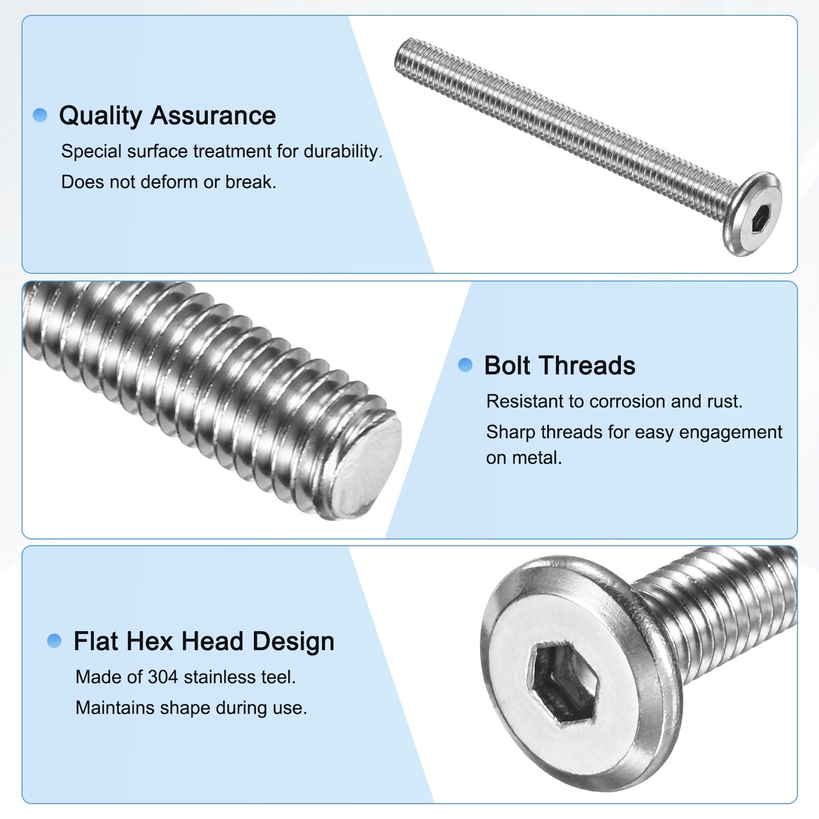 Flat Head Socket Cap Screws 304 Stainless Steel Hex Drive Fastener Kit with Hex Key - Silver