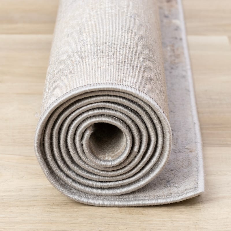 Emmett Collection - Sleek Soft Low-Pile Distressed Taupe White Brown Area Rug