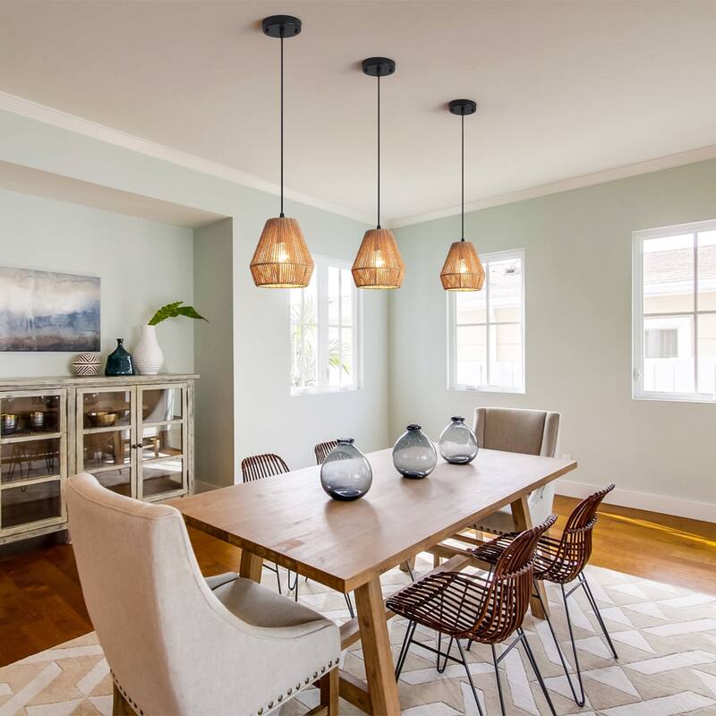 (Set of 3)1-Light Paper Rope Shaded Pendant Lights for Kitchen ，Set of Lghting Fixtures, Farmhouse Semi Flush Mount Chandelier