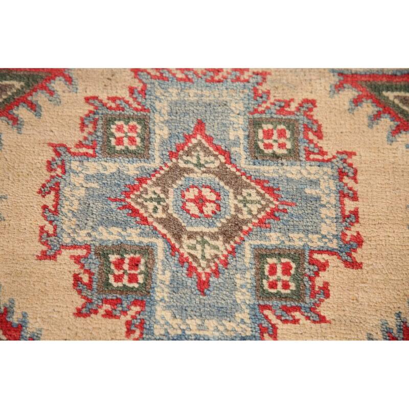 Geometric Kazak Accent Rug Handmade Oriental Beige Wool Carpet - 2'9"x 4'0"