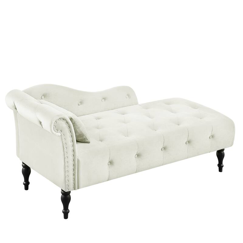 60.6" Velvet Chaise Lounge Buttons Tufted Nailhead Trimmed Solid Wood Legs with 1 Pillow,Blue (Left Arm Design)