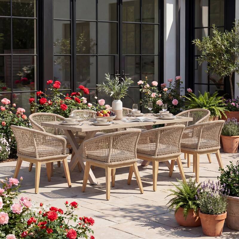 Acacia Wood & Aluminum Outdoor Dining Set - 8 Rope-Woven Chairs with X-Base Table & Umbrella Hole