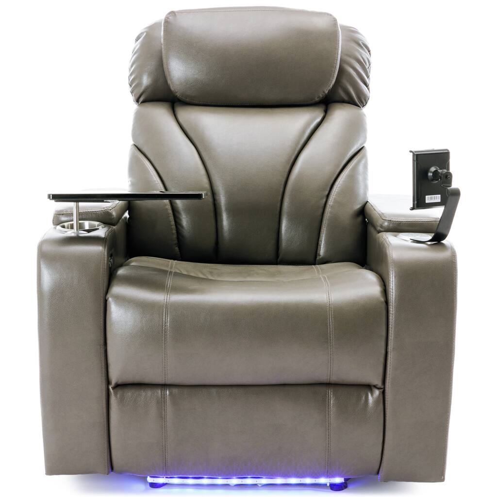 Grey PU Leather Power Motion Recliner with Arm Storage, Stereo
