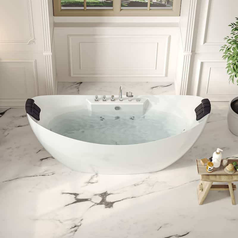 67 in. x 28.7 in. Center Drain Freestanding Whirlpool Bathtub Hydrotherapy Jetted Soaking Bath Tub - Tub filler in White