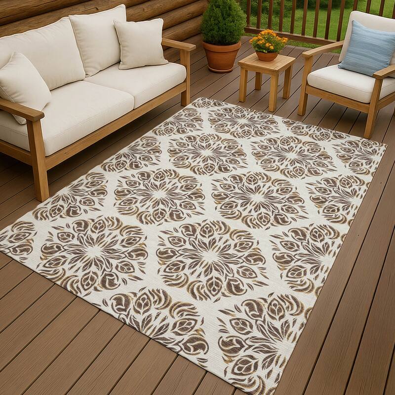 Machine Washable Indoor/ Outdoor Damask Pearl Chantille Rug - Fudge - 9' x 12'