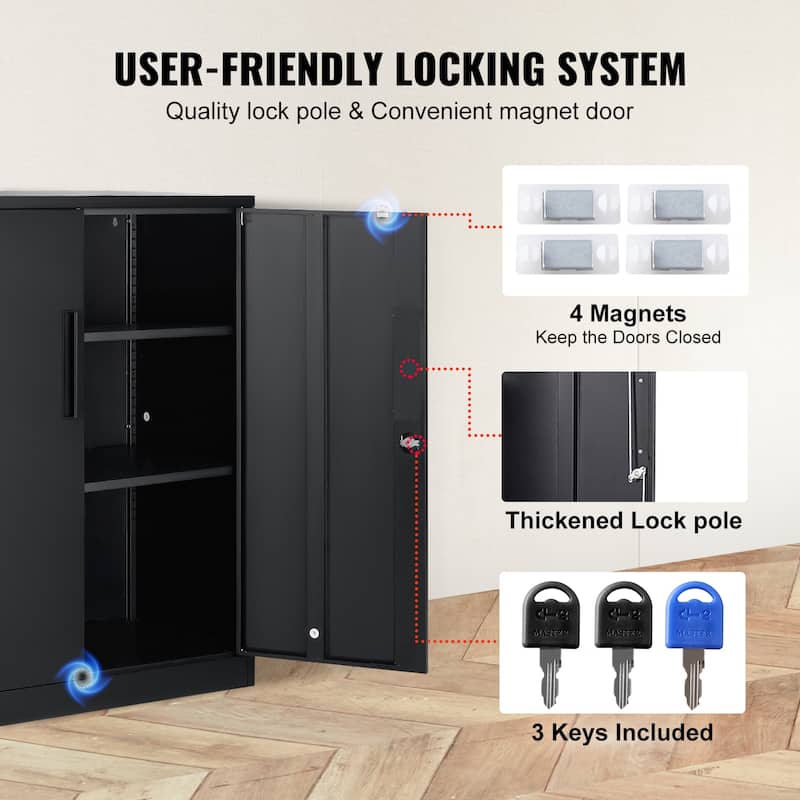 Metal Storage Cabinet with 2 Magnetic Doors and 2 Adjustable Shelves, 200 lbs Capacity per Shelf, Locking Steel Storage