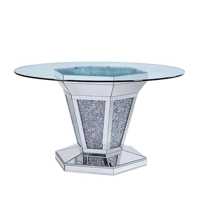 Faux Crystals and Mirror Inlaid Wooden Dining Table with Pedestal Base, Silver and Clear