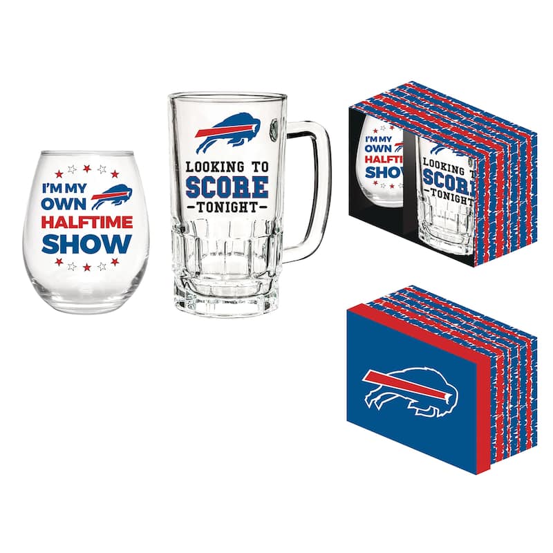 Buffalo Bills, 17 oz Stemless Wine Glass and 16 oz Beer Mug Gift Set