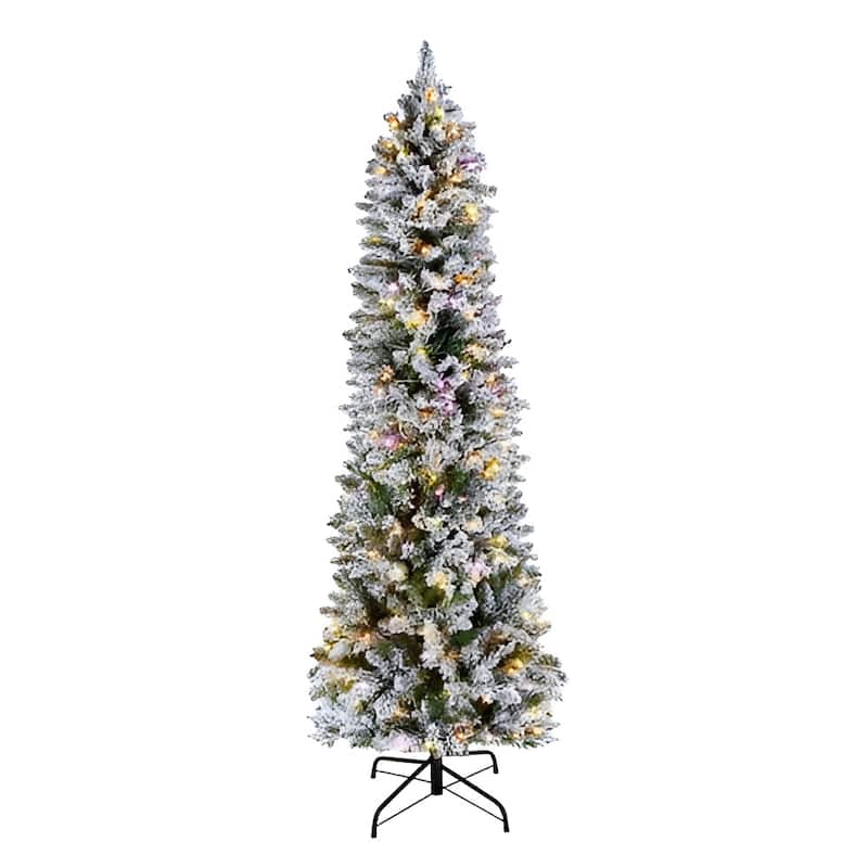 White-Green PVC and Iron 6ft Snow-Flocked Christmas Tree with 240 LED Lights - 2.3 x 6 ft