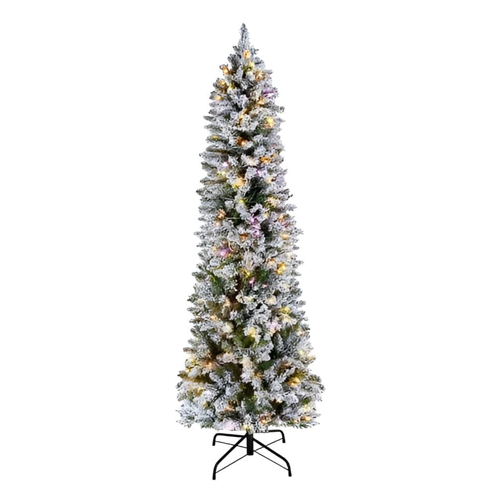 White-Green PVC and Iron 6ft Snow-Flocked Christmas Tree with 240 LED Lights - 2.3 x 6 ft
