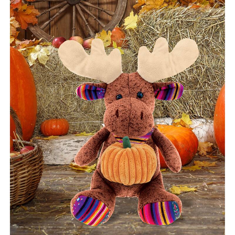 DolliBu Sitting Brown Moose Stuffed Animal with Pumpkin Decor - 11 inches