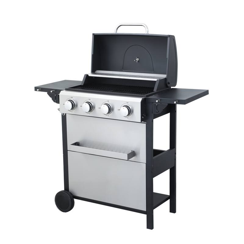4-Burner Propane Gas BBQ Grill with Wire Enamel Cooking Grids and Foldable Side Table, Hanging Basket, Stainless Steel