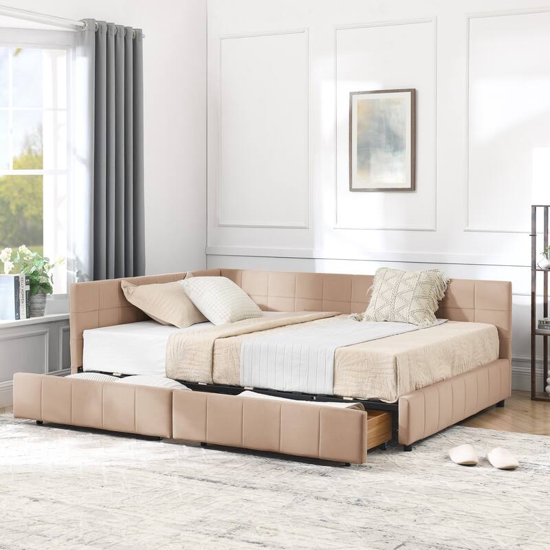 Full Size Living Room Upholstered Daybed, L Shaped Tufted Bed Frame, Velvet Fabric Storage Sofa Bed Frame with 2 Drawers