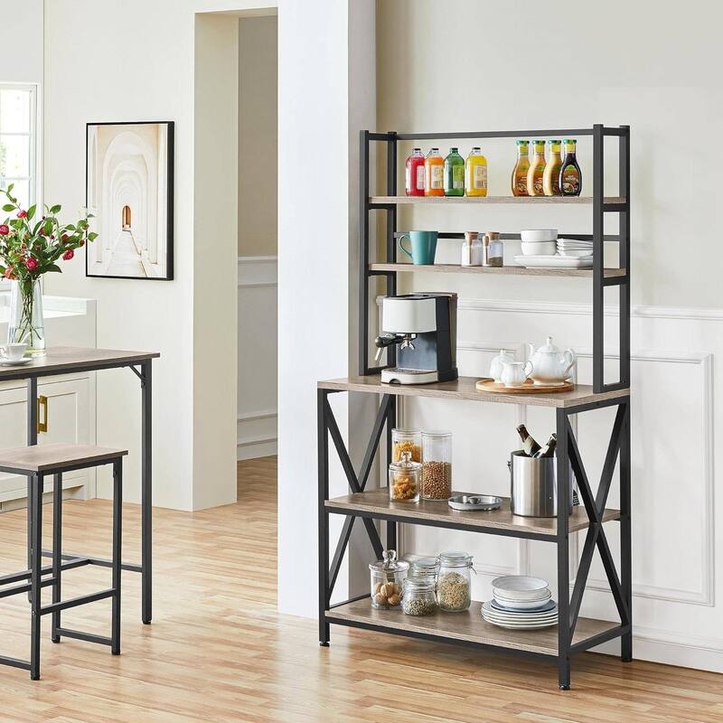 Wood Metal 5-Tier Adjustable Bakers Rack for Kitchen and Living Room Storage - 16"D x 35.5"W x 64.5"H