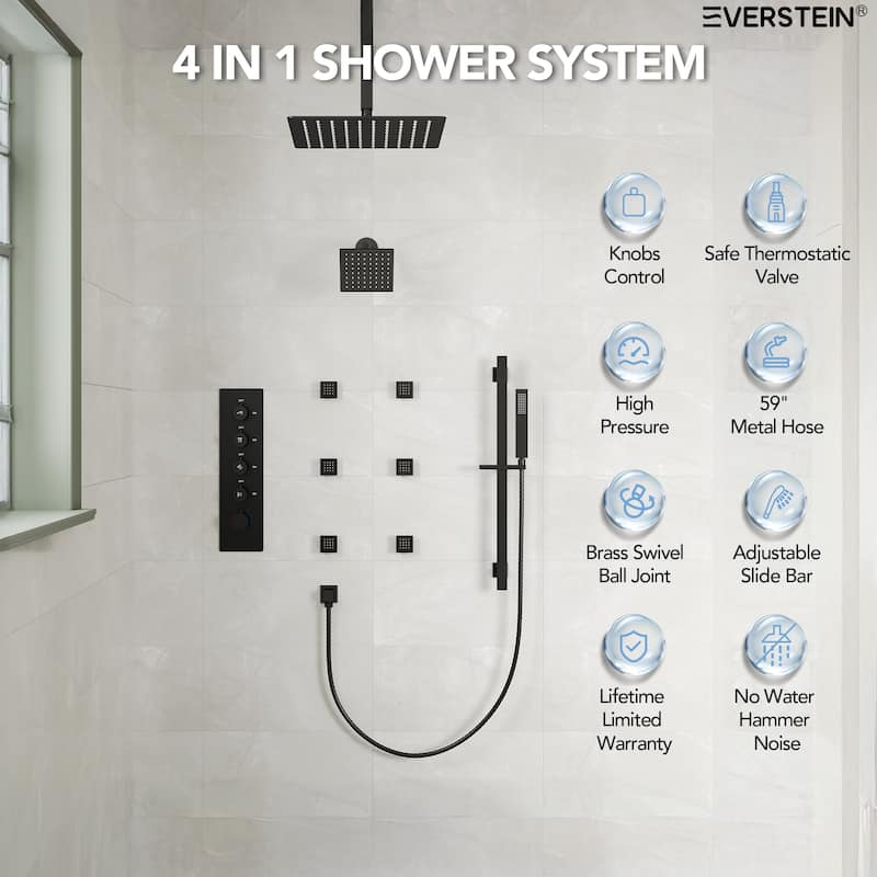 Thermostatic Rainfall Shower System with Handheld Spray, 16" & 6" Dual Shower Head and 6 Body Jets