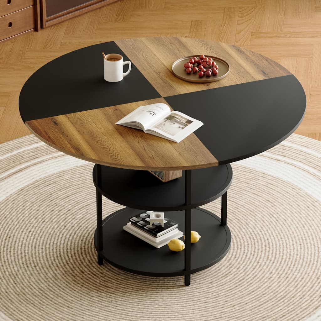3-Layer Round Coffee Table with Double Storage Modern Center Table with Two-Tone Wooden Tabletop Round Tea Table