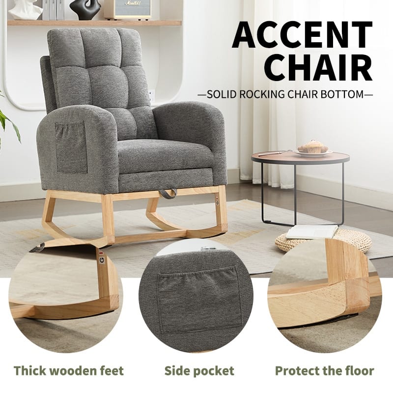 Modern Accent Rocking Chair Solid Wood Legs Adjustable Footrest Side Pocket High Backrest Living Room