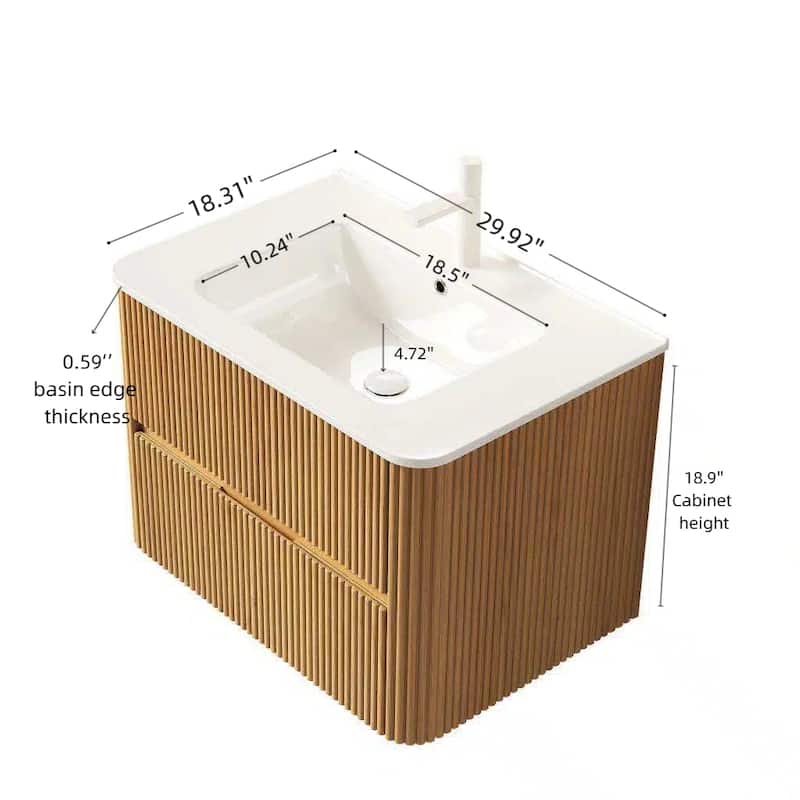 30" Bathroom Vanity with Sink, Wall-Mounted Floating Plywood Striped Bathroom Storage Cabinet with 2 Drawers