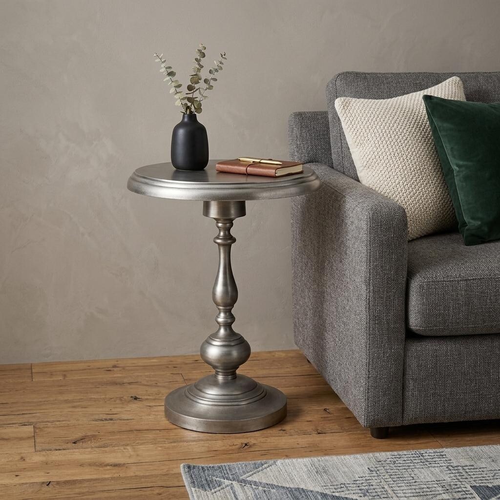 HomeRoots 24" Nickel Iron Round Pedestal End Table - 18.50 in. x 24.00 in. x 18.50 in.