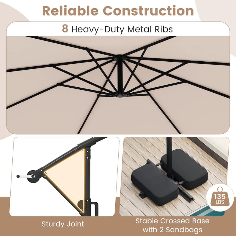 Costway 10 FT Solar Offset Hanging Umbrella with Base Patio Cantilever