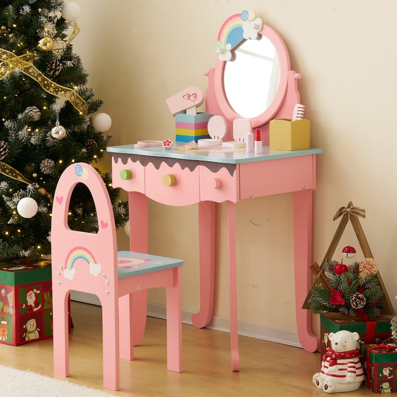 Kids Vanity Table and Chair Set with 7 Pretend Makeup Toys Rainbow Design Pink Stool Storage for Girls Room Gift