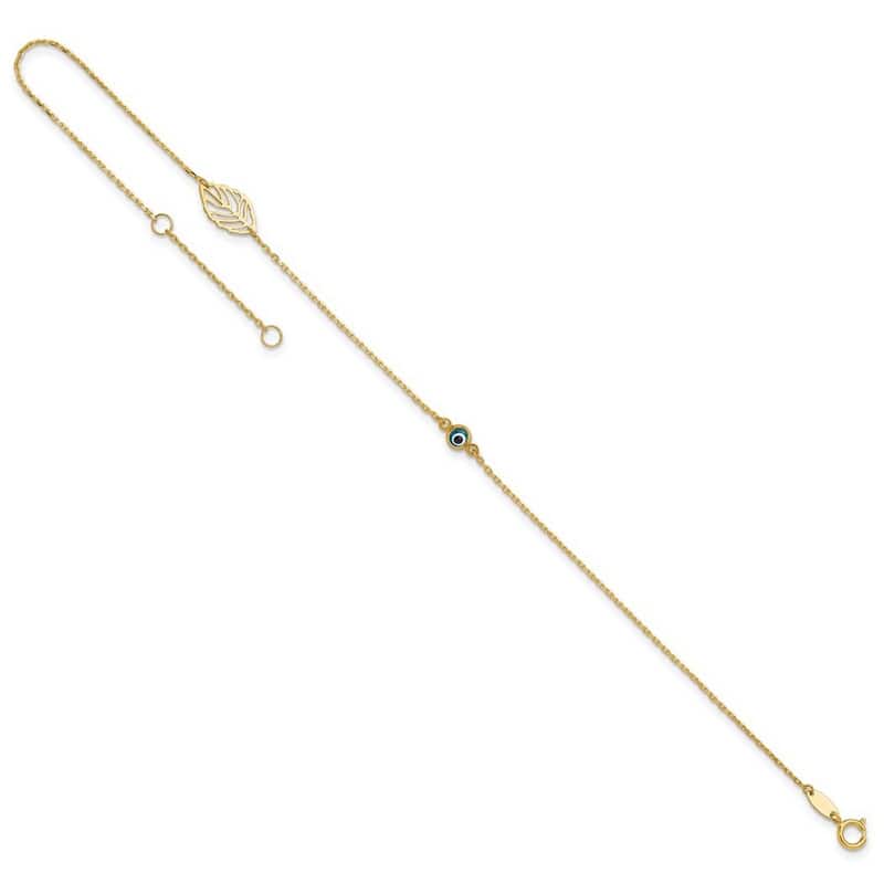 Curata 14k Yellow Gold 9+1" Leaf and Glass Evil Eye Bead Anklet (Spring-ring)
