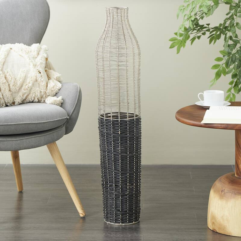 Metal Tall Decorative Vase with Woven Black Rattan Base - Silver - Roche River Decor