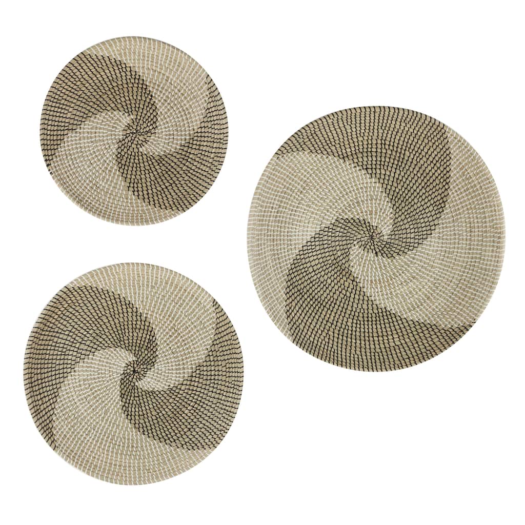 Seagrass Plate Woven Spiral or Floral Basket Wall Decor with Black and White Accents - Set of 3 Brown Roche River Decor