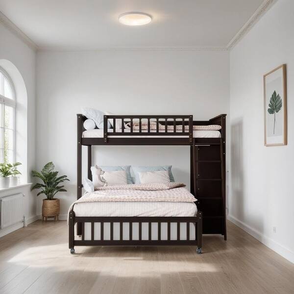 slide 2 of 16, Elegant Wooden Twin Over Full Bunk Bed With Six Drawers And Flexible Shelves, Bottom Bed With Wheels, Space-saving, Espresso Espresso