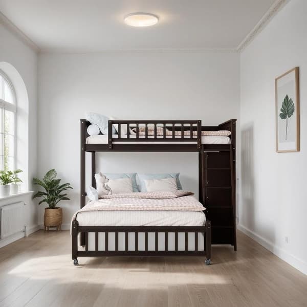 slide 2 of 16, Wooden Twin Over Full Bunk Bed With 6 Drawers And Shelves, Espresso Espresso