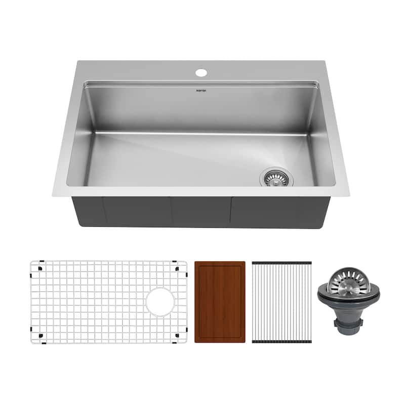 Karran Elite WST-26-PK1 Top Mount 33" Single Bowl Stainless Steel Workstation Kitchen Sink with Right Drain