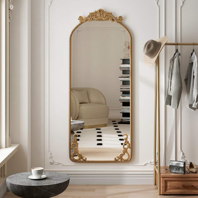 58"x24" Arched Full Body Mirror with Vintage Ornate Carved Applique on Top and Bottom, Hanging Wall Mounted Mirror - Bronze