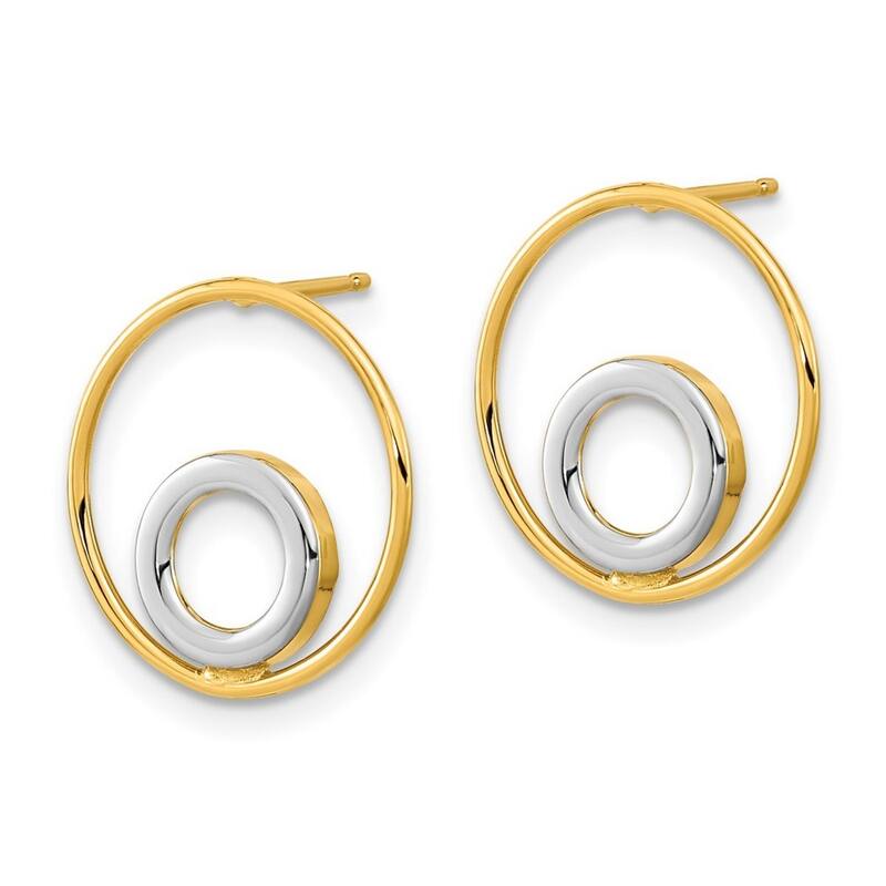 Curata 14k Yellow Gold White Rhodium Circle In Circle Post Earrings - 15x14.5mm