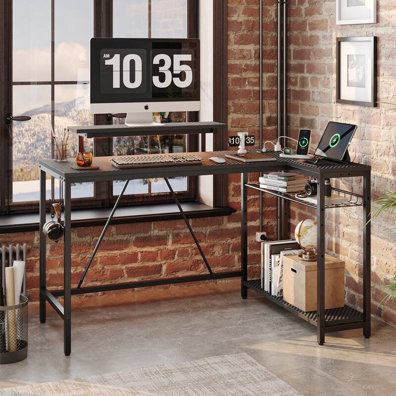 Reversible L Shaped Desk LED Computer Desk with Power Outlets and Monitor Stand Office Desk