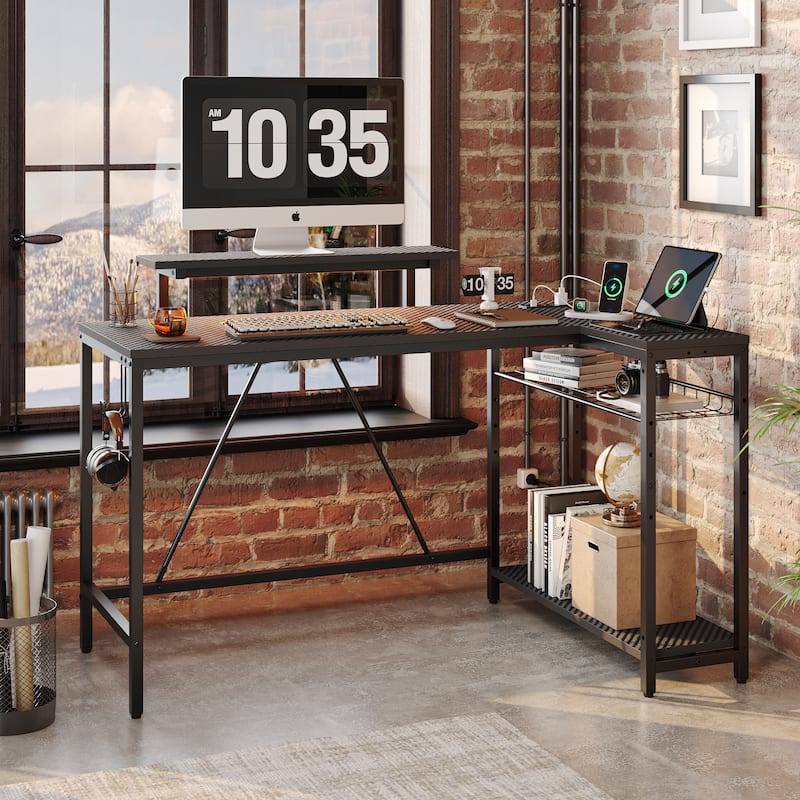 Reversible L Shaped Desk LED Computer Desk with Power Outlets and Monitor Stand Office Desk