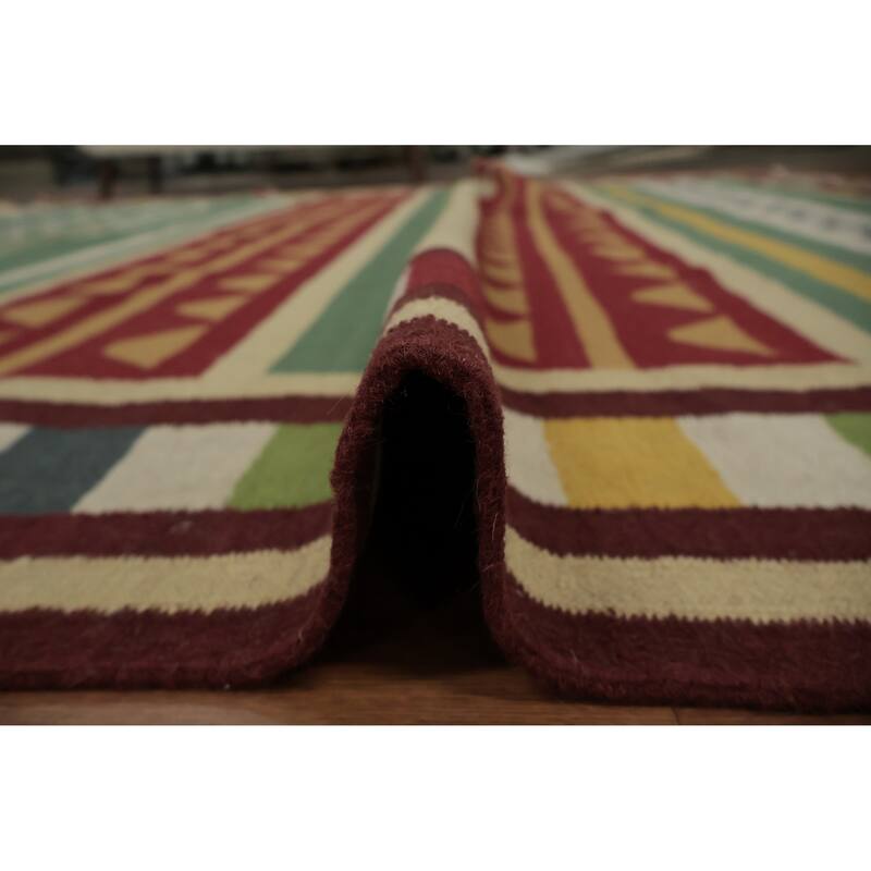 Hand Woven Oriental 100% Wool Carpet Southwestern Tribal Green Kilim Area Rug - 13' 0'' X 9' 9''